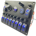 10 Gang Rocker Switch Panel with Breaker for Marine Boat RV Truck (Blue): Voltmeter, Reset Circuit Breaker, 4.2A Car Cigarette Lighter Socket, Dual 12V 24V USB Charger & Control Toggle Switch