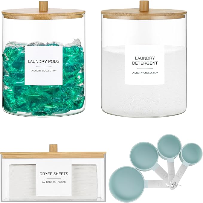 3 Pack Glass Jars and Acrylic Dryer Sheet Holder, Laundry Pods Container by TIPGO