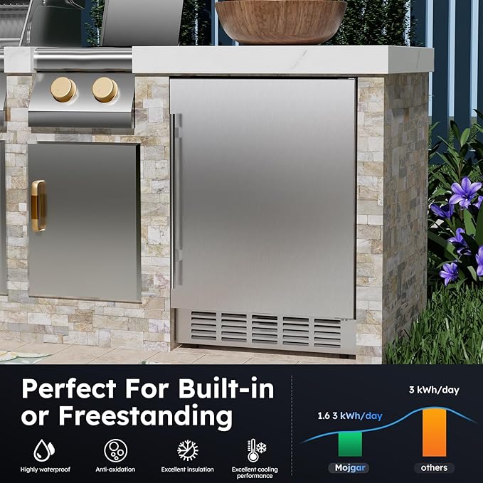 24 Inch Outdoor Beverage Fridge, Weather Proof Stainless Steel Beverage Cooler Under Counter Beer Fridge, Indoor/Outdoor Beverage Refrigerator for 190 Cans, Built-in/Freestanding (Foam Door)