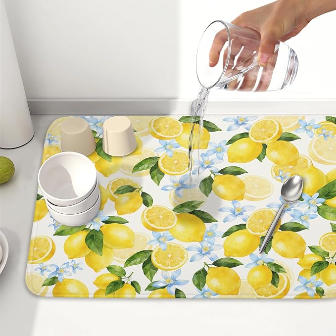 Kawani Lemon Dish Drying Mat 18x24 Inch Absorbent Reversible Summer Drying Mat - Image 6