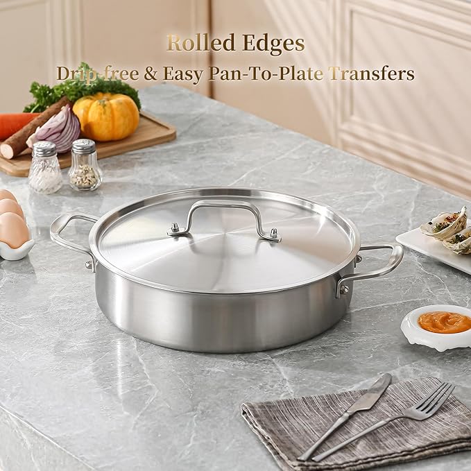 DELARLO Tri-Ply Stainless Steel 6 Quart Braiser Pan with Lid Induction Rondeau Pot With Lid 12inch Deep Frying Pan Large Saute Pan Heavy Duty Style Compatible With All Cooktops Up to 650℉