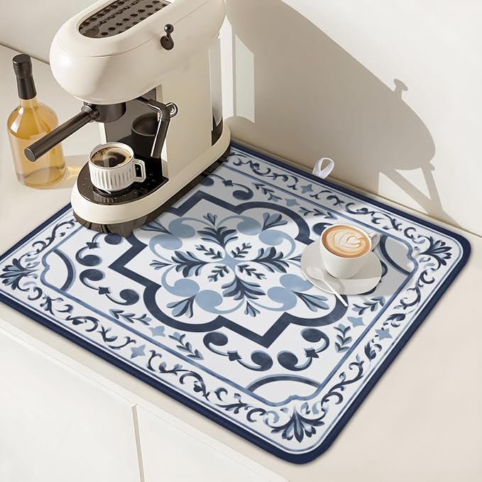 Giwawa Navy Flower Dish Drying Mat Modern Boho Microfiber Dishes Drainer Pad - Image 7