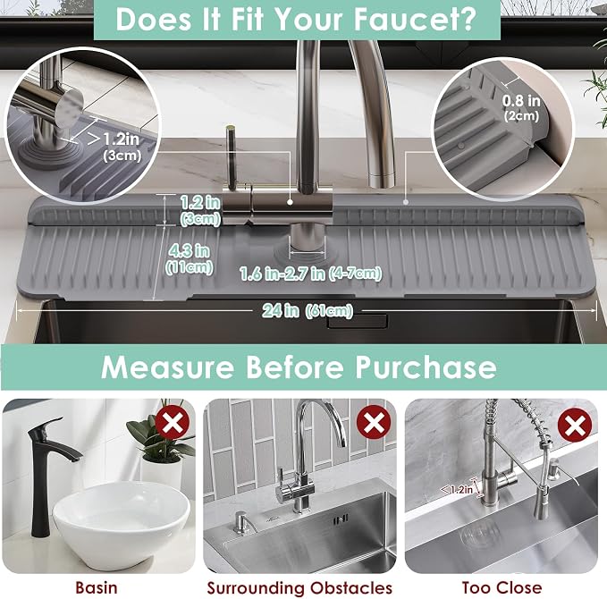 24-Inch Silicone Faucet Mat for Kitchen Sink Splash Guard, 7° Slope | 24"x5.5" - Image 2
