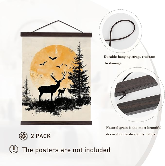 2 Pack Magnetic Poster Hanger Frame, 33x24 33x23 33x47 Light Wood Wooden Magnet Canvas Artwork Print Dowel Poster Hangers Frames Hanging Kit (Walnut, 33", 2 Packs)