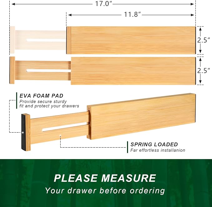4 Pack Bamboo Drawer Dividers 2.6" High, Adjustable from 12 Inch to 17 Inch | - Image 6