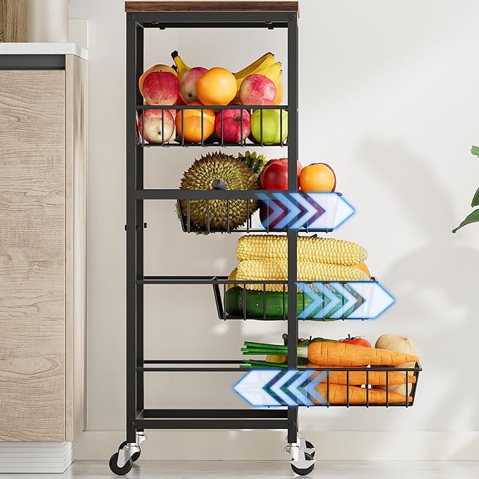 Fruit Vegetable Cart, 4-Tier Snack & Kitchen Cart on Wheels with Storage, Pull-Out Baskets & Wood Top, Rolling Organizer for Pantry, Living Room (Brown)