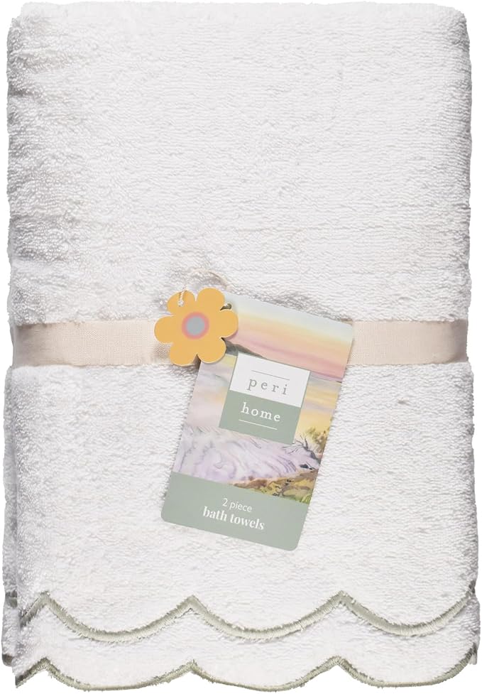 Peri Home 2 Piece Cotton Bath Towel Set, Embroidered, Sage Scallop - Image 8