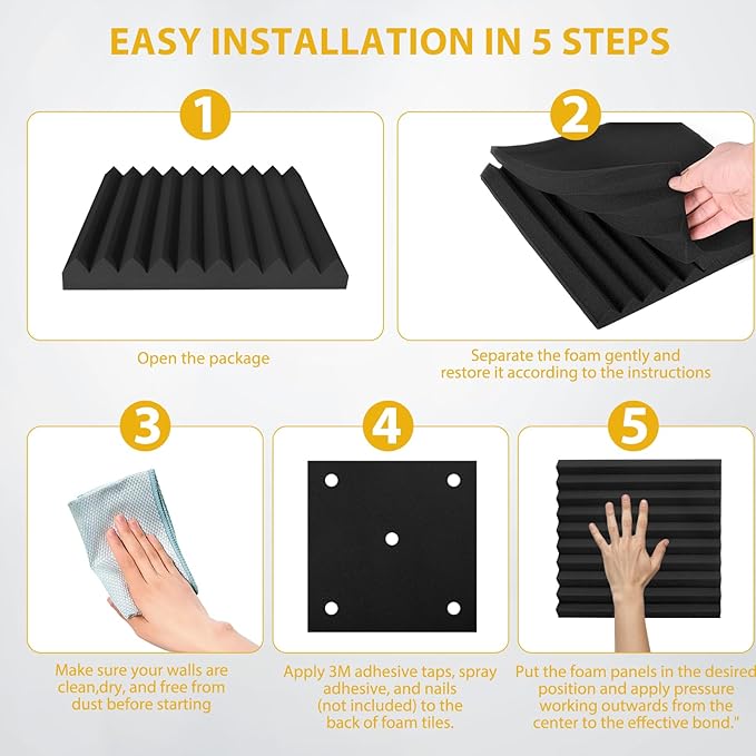 24 Pack Acoustic Foam Panels 1" x 12" x 12" Sound Proof Foam Panles Saiqiang Soundproofing Noise Absorbing Wedge Black Panels for Wall Studio Foams with Double-Side Adhesive
