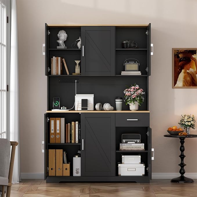 71" Tall Kitchen Pantry Storage Cabinet with Charging Station,Farmhouse Buffet Cabinet with Microwave Shelf,Large Kitchen Hutch Cabinet Doors & Drawer,Food Pantry for Dining Room,Living Room (Black)