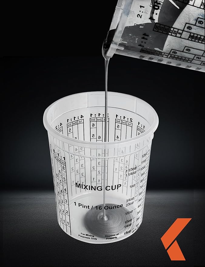 32 OZ Paint Mixing Cups Disposable Flexible Clear Graduated Plastic Measuring Cups Box of 24 Cups & 4 Lids Use for Automotive Painting, Epoxy Resin, Acrylic Arts, Kitchen - Mixing Ratios