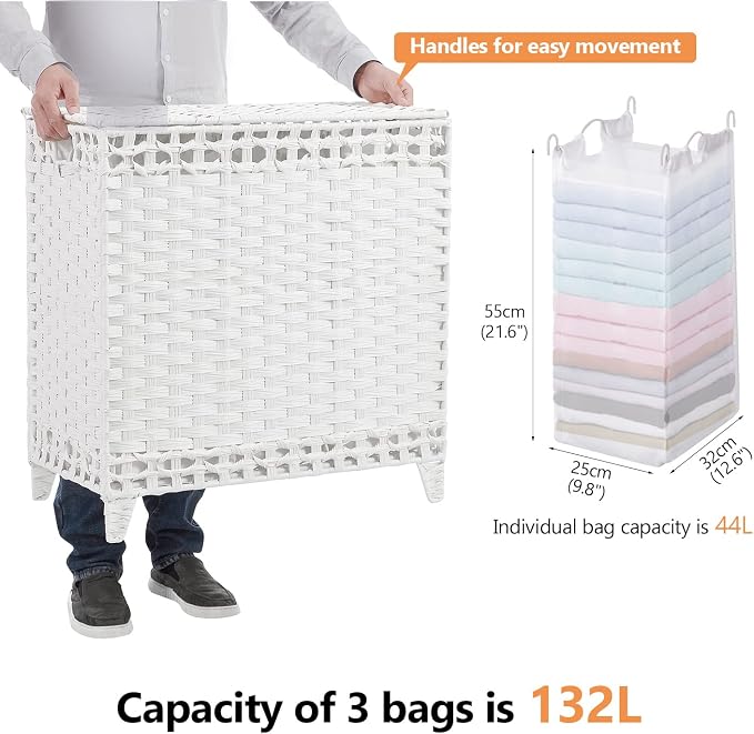 Laundry Hamper with 3 Removable Liner Bags, 132L Laundry Sorter with Lid - Image 4