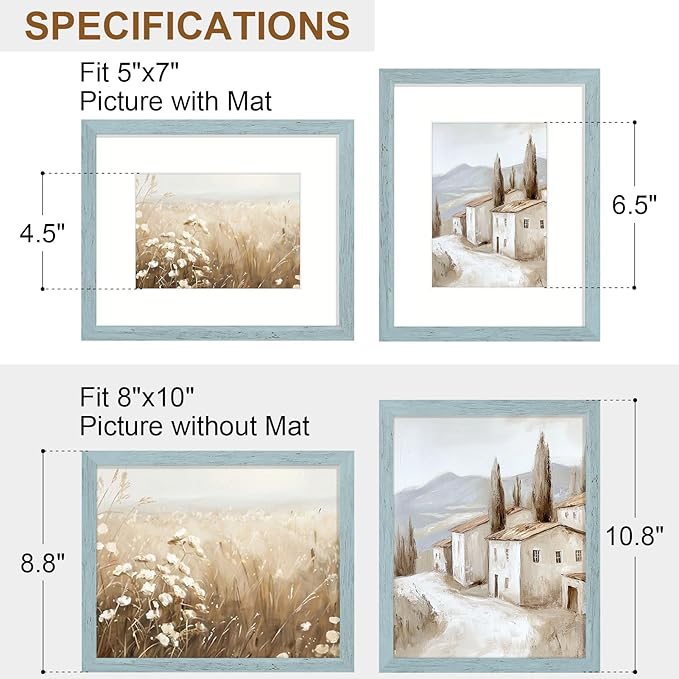 Vittanly 8x10 Picture Frame Set of 2, Solid Wood Frame for Wall or Tabletop, Display Photo 5x7 with Mat or 8x10 without Mat, Rustic Blue