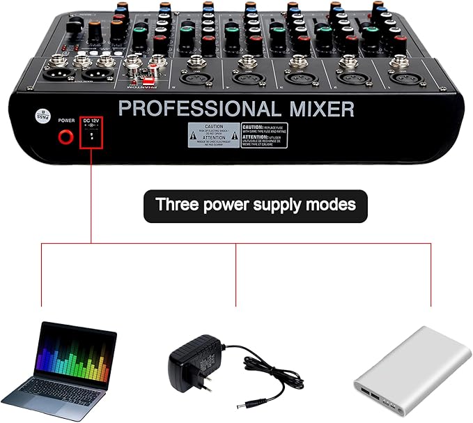 7 Channel mixer, DJ Mixer Board, Audio Sound Card with Interface Recording and 48V Phantom Power, Sounds Mixer Board with FX Reverb Delay Effect for Streaming