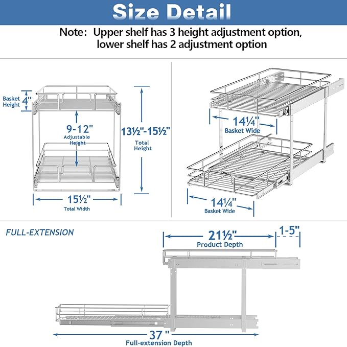 ROOMTEC Individual Pull Out Cabinet Organizer (15½" W x 21½" D), 2 Tier Spice Rack Organizer for Cabinet, Slide Out Drawer Pantry Shelf Organization and Storage for Kitchen Bathroom