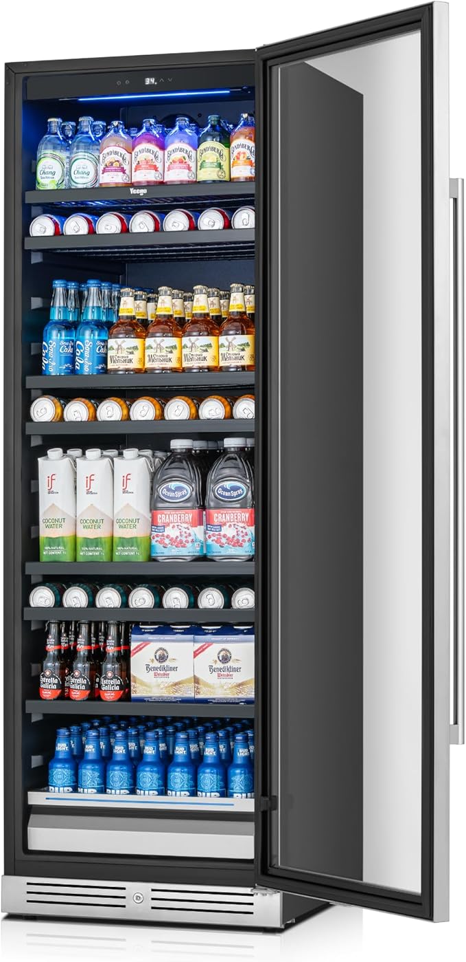 Beverage Refrigerator 24 inch -378 Cans Capacity Beverage Cooler, Upgraded Beverage Refrigerator Freestanding or Built-In, Drink Cooler for Soda, Water, Beer or Wine - For Kitchen, Bar or Office