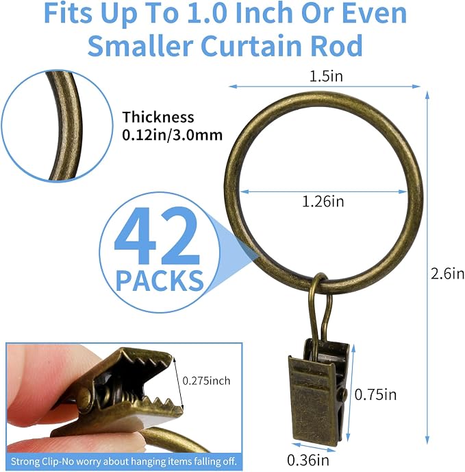 Curtain Rings with Clips, 42 Pack Metal Drapery Rings with Clips Hooks Hangers - Image 2