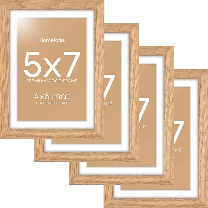 Homeforia 5x7 Picture Frame Wood, High End Natural Oak 5x7 Light Wooden Frames with Mat 4x6 for Photo, 5 x 7 Frame Matted to 4 x 6 Print, 7x5 Wall or Tabletop Frame, Tempered Glass, Wall Kit, Set of 4