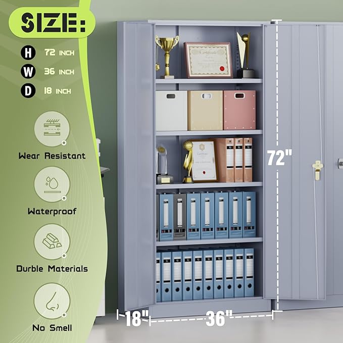 Crownland 72" Metal Storage Cabinet, Lockable Garage Storage Cabinets, High Office Cabinet with Adjustable Shelves for Garage, Home Office, Pantry, File(Cement Grey)