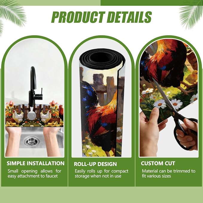 3 Pcs 2 Size Kitchen Sink Splash Guard Faucet Mat Farm Chicken Pattern Faucet - Image 3