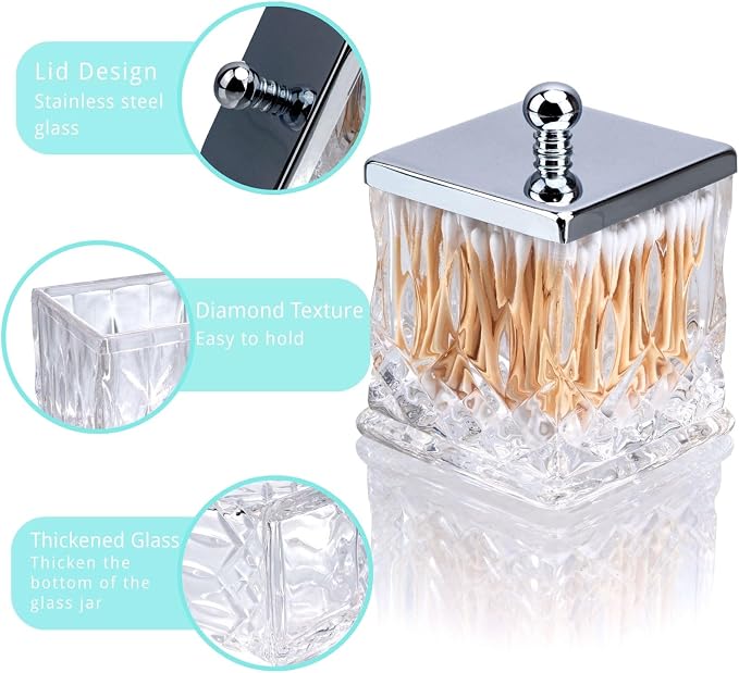 15Oz Clear Q-Tip Holder, Square Thick Glass & Metal Lid - Image 4