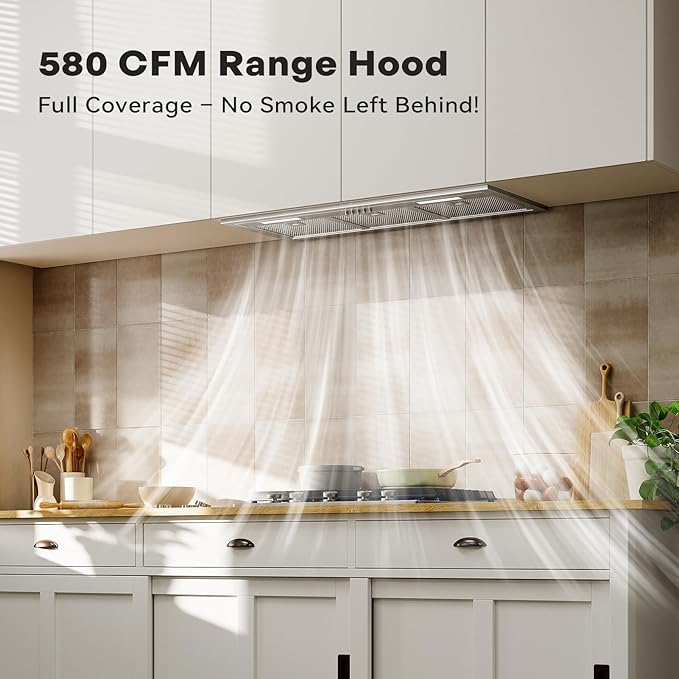 Range Hood Insert 30 Inch, Built-in Kitchen Hood with 580 CFM, 5-Layer Aluminum Mesh Filter, Ducted/Ductless Convertible Duct, Stainless Steel Kitchen Vent Hood, 3-Speed Controls, LED Lights