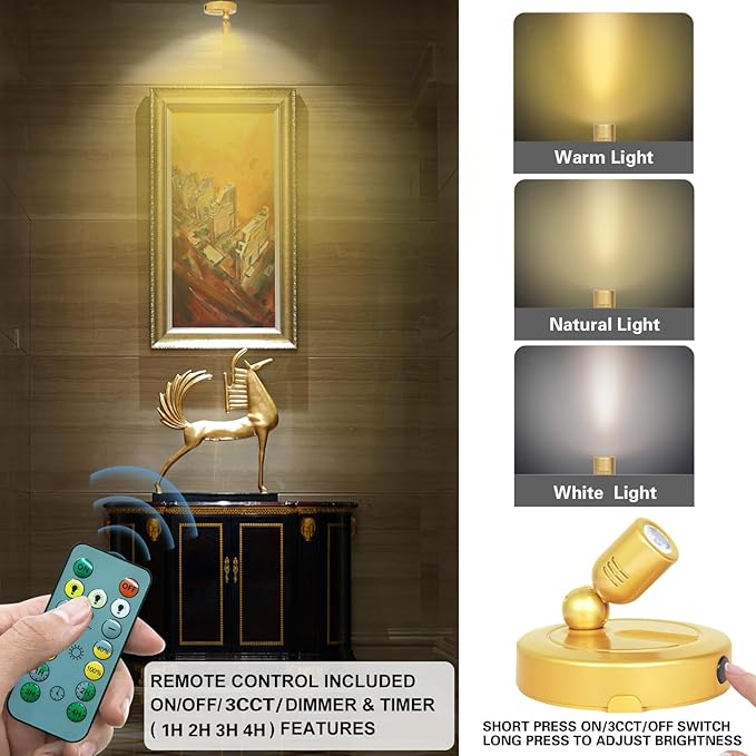 Rechargeable Indoor Spotlight, 3 Lighting Modes Battery Operated Spotlights with Remote, Picture Lights for Wall, Plant Tree Spotlight with Timer, Up Lights for Art Display Artwork-Gold