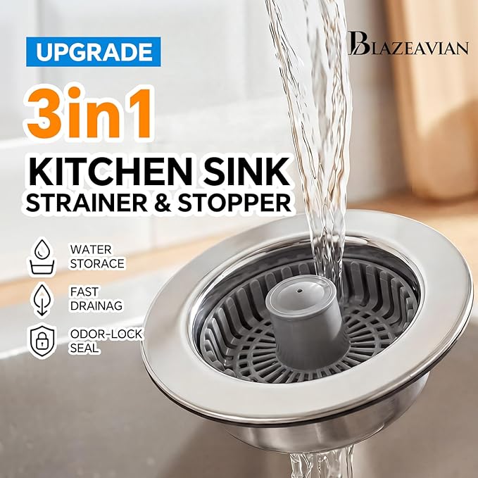 Kitchen Sink Stopper, 3 in 1 Pop Up Kitchen Sink Drain Strainer, with an Extra Basket Strainer, Sink Drain Stopper for US Standard 3-1/2 Inch, Brass Material Electroplate (Silver)