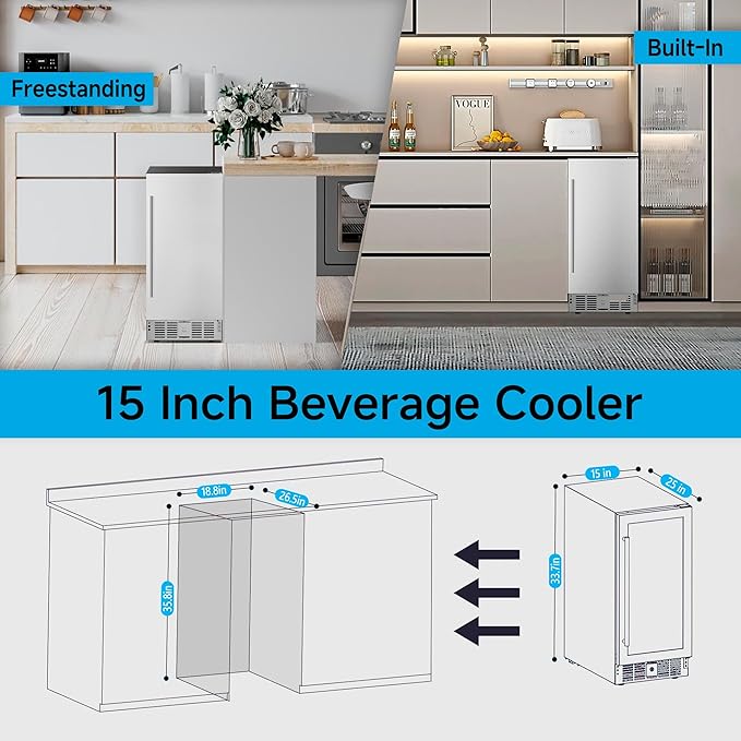 15 Inch Undercounter Beverage Refrigerator - 126 Cans Beverage Fridge with Stainless Steel Door for Beer Wine Soda - Built-in or Freestanding Wine Cooler for Home Kitchen Bar