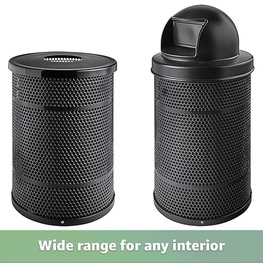 55 Gallon Perforated Recycle Container with Plastic Dome Lid, Steel Outdoor Heavy-Duty Commercial Trash Can, Black Round Waste Bin, Durable Garbage Can for Municipalities, Schools, Parks, Parking