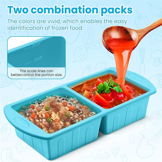 2 Pack Silicone Freezer Trays With Lid For Easy Storage Silicone Soup Freezer Molds 2 Cup ，Perfect For ice cube tray Freezing Broth Sauces Store Leftovers , Leakproof, Easy Release Dishwasher Safe