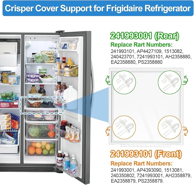 [4 PACK] UPGRADED 241993101 Crisper Cover Support (Front) & 241993001 Crisper Support (Rear) Compatible with Frigidaire Crisper Support Replacement FGHS2631PF4A FFSS2615TS0 LFSS2612TF0 FFHS2611PFEA