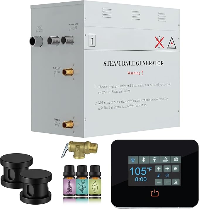 Builders Series 12kW Steam Bath Generator with Quickstart Continuous Steam, Black Digital Touch Pad, Built-in Auto-Drain, and Aroma Steamhead in Matte Black