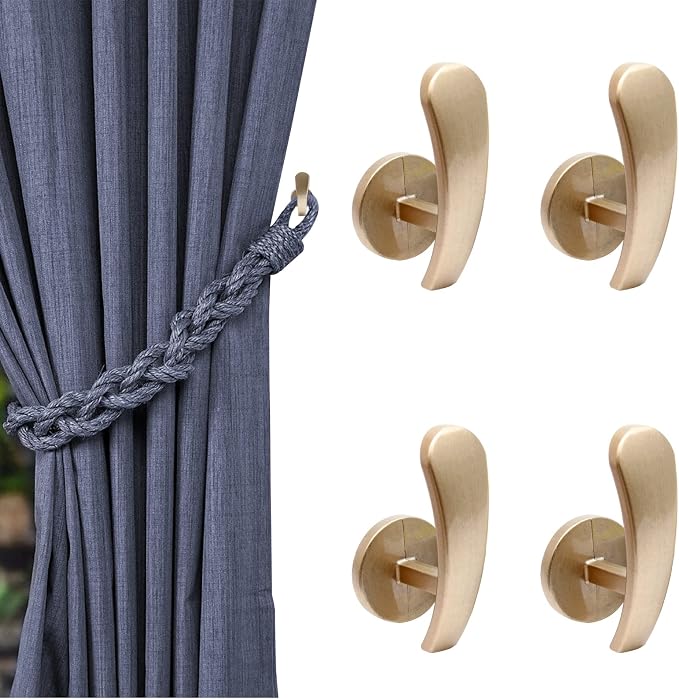 4 Pack Brass Gold Curtain Tieback Hooks, Curtain Holdback Hooks by Rierdge