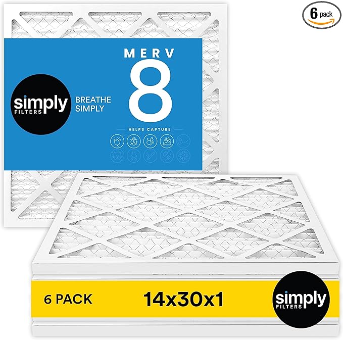 Simply 14x30x1 Air Filter, Merv 8, 6 Pack, For Home AC Furnace & HVAC (Actual Size: 13.75"x29.75"x0.75") DUST, Pet, & Allergy Control