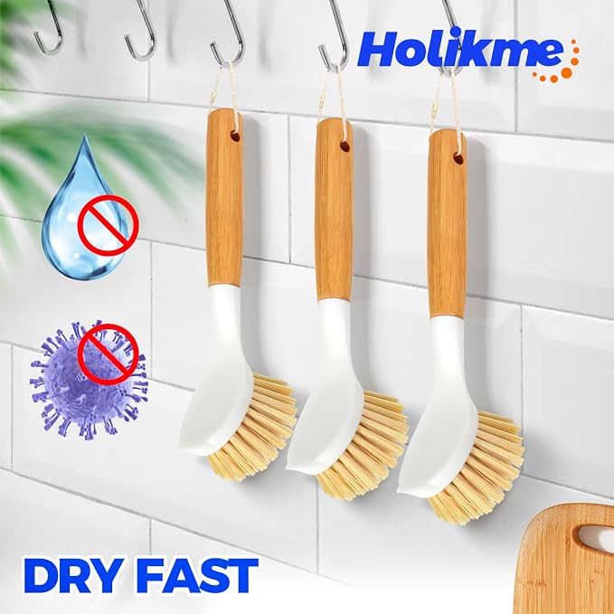 Holikme 3 Pack Dish Brush with Bamboo Handle Cleaning Brush, Pans and Vegetables - Image 5
