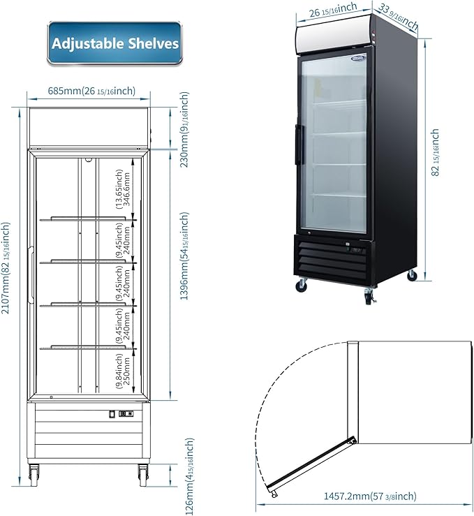 mikibama Glass Door Merchandiser Freezer, 19.3 Cu.ft Swing Door Commercial Reach-In Display Refrigerator with LED Top Panel Upright Freeze Storage, Single Cabinet, Black