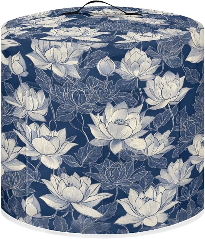 Insulated Pressure Cooker Appliance Cover, Also Fit for Rice Cooker, Air Fryer and Crock Pot, 6 Qt Dust Cover with Pocket for Spoon/Cooking Utensils/Recipes, Machine Washable, Blue Lotus