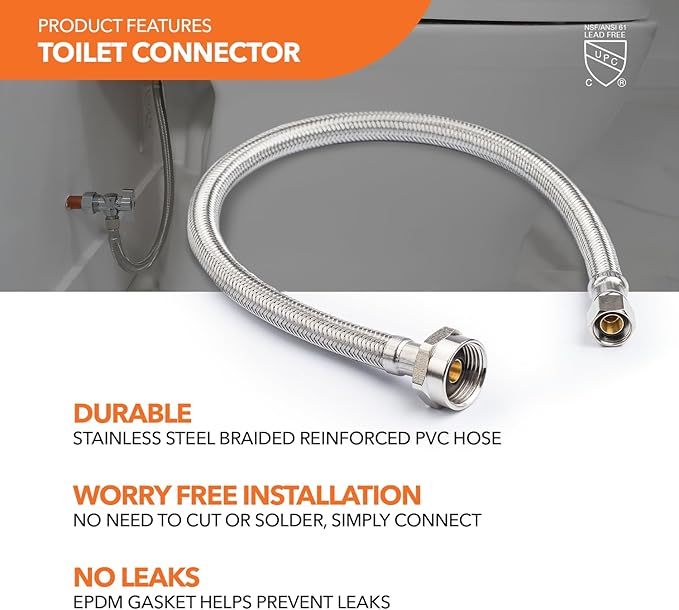 Stainless Steel Braided Water Connectors with Reinforced PVC Inner Hose for Toilets, 3/8" Compression x 7/8" Metal Ballcock, 20" Length (5Pack)