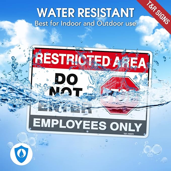 T&R Large Restricted Area Do Not Enter Employees Only Sign - 1 Pack - 14 x 10 Inches Rust Free .040 Aluminum - UV Protected, Waterproof, Weatherproof and Fade Resistant - 6 Pre-drilled Holes
