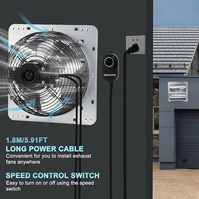 Criditpid 12 Inch Shutter Exhaust Fan, High Speed 970CFM, Wall Mounted Exhaust Fan with Speed Controller and Power Cord for Greenhouse, Garages, Shed, Barn, Basement, Shops, Chicken Coop Ventilation