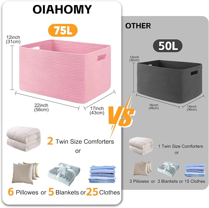 OIAHOMY 75L Large Blanket Basket Woven Storage Basket - Image 2