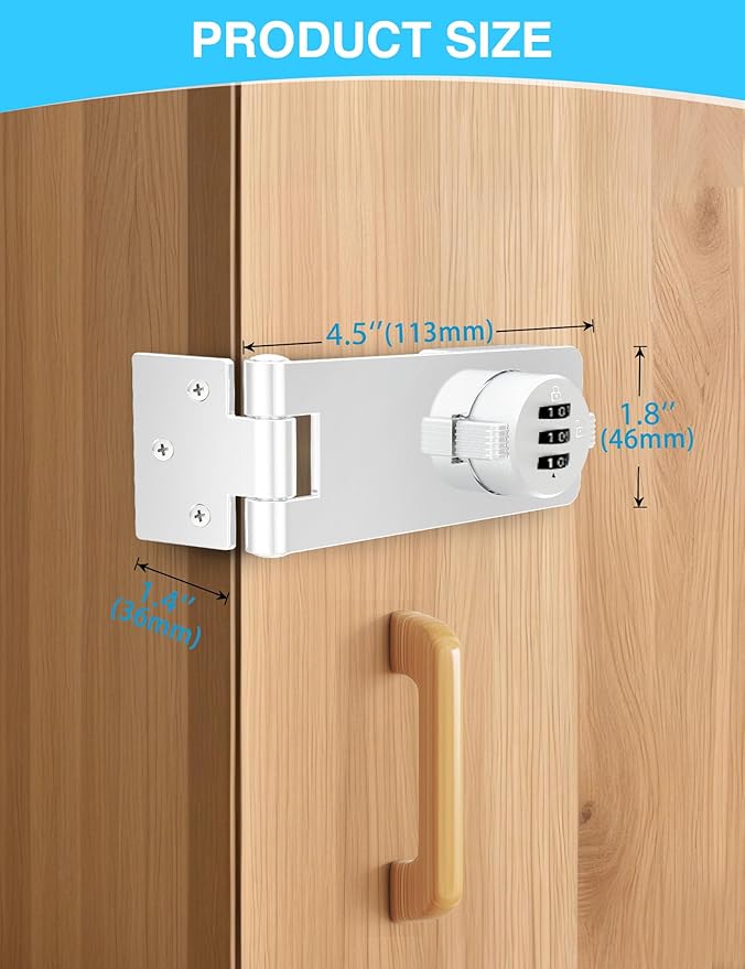 Keyless Cabinet Combination Lock, 3-Digit Password Twist Knob Hasp Latch for Doors, Cabinets, Drawers, Barn Door, Bathroom, Outdoor, Closet, Fence, Durable Zinc Alloy, (White, 2 Pack)
