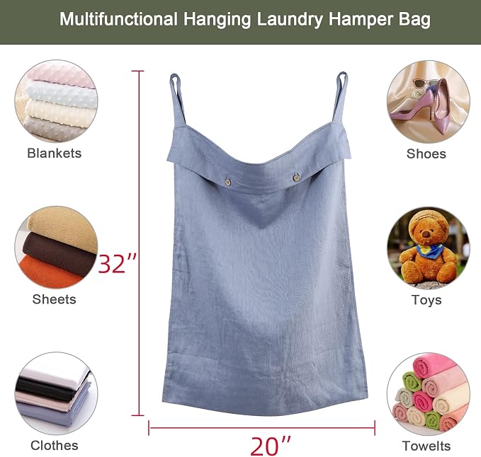 Linen Hanging Laundry Bag, 100% Linen Over The Door Laundry Hamper - Image 2