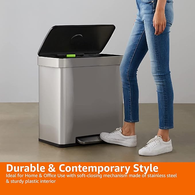 Amazon Basics Dual Compartment Recycling Trash Can with Soft-Close Lid and Removable Liner Buckets, 60 Liters, Rectangular, Grey, Silver