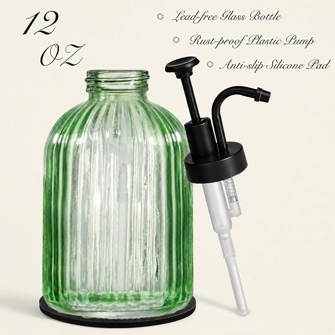 SheeChung 12oz Green Glass Liquid Soap Dispenser, 1 Pack | Elegant Hand Soap - Image 4