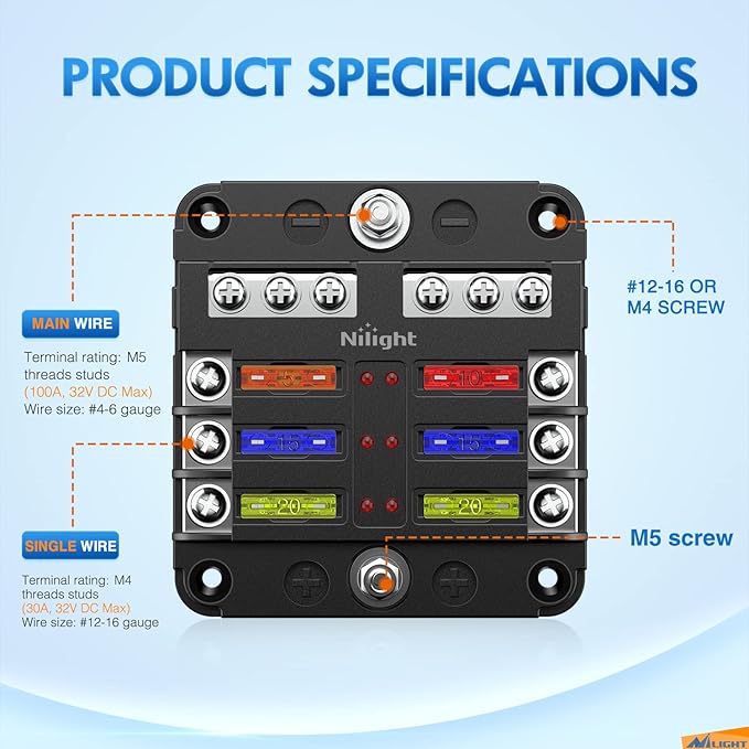 Nilight - 50055F 6 Way Blade Screw Fuse Block 6 Circuits with Negative Bus Fuse Box Holder with LED Indicator ATO/ATC Fuse Panel Waterproof Cover for 12V Automotive Cars Marine Boats RVs Trailers