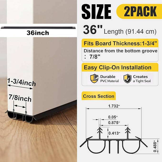 Pushglossy 2 Pcs 36" Kerf Door Sweep Double Bubble Kerf Pre Cut Black | 1-3/4" - Image 2
