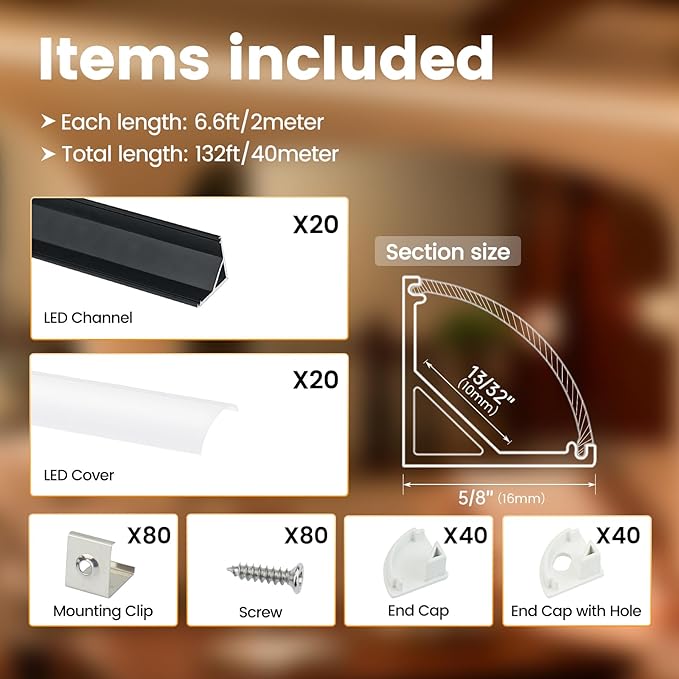 Muzata 20Pack 6.6FT/2M V Shape LED Channel Black Aluminum LED Strip Diffuser Channel with Milky White Cover Corner Lighting Easy Installation V1SW BW 2M