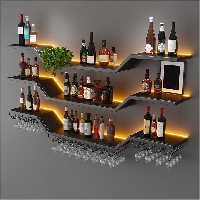 63in Modern LED Wine Rack Wall Mounted, 3-Tier Floating Bar Shelves with Wine Glass Rack, Large Hanging Liquor Shelf Wall Mounted, for Home Bar Dining Room Cafe Decorative (Black, 63in/160cm)
