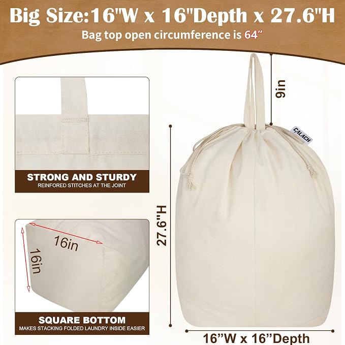 Cotton Canvas Laundry Bag with Handles & Base 16"Wx16"D x27.6"H - Image 3